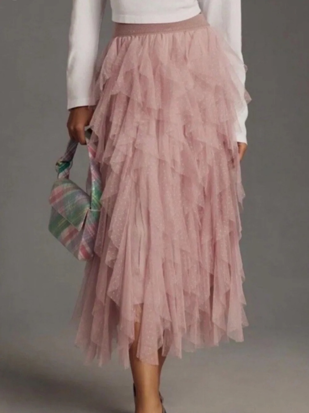 Anthropologie Cheri Tulle Layered Tiered Polka Dot Midi Skirt in Dusty Pink, 2X - Picture 2 of 16